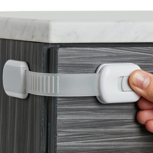 Child Safety Strap Locks (8-Pack) Baby Locks - 3M Adhesive Pads. (White/Gray)