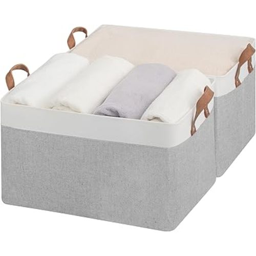 StorageWorks Storage Bins, Fabric Storage Bins for Shelves, Extra Large Storage Baskets with Metal Frame, Closet Baskets and Bins with Handles, Jumbo, Gray and White, 2-Pack