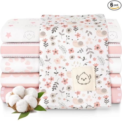 Organic Burp Cloths Baby Boy, Girl - 6-Pack Large 100% Cotton Burping Cloths for Babies, Spit Up Rags, Super Absorbent, Ultra Soft Newborn Rag, Gender Neutral, Machine Washable, Durable (Sweet Charm)