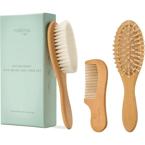 Natemia Baby Hair Brush and Comb Set for Newborns - Wooden Baby Hair Brush and Comb Set - Soft Bristle Hair Brush as Baby Registry Gift Set - Toddler Cradle Cap Brush - Baby Comb & Baby Brush Wooden