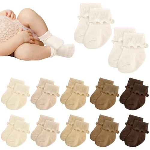 Toulite 12 Pairs Preemie Socks Girls and Boys Premature Ruffle Turn Cuff Cotton Socks Hospital Nicu