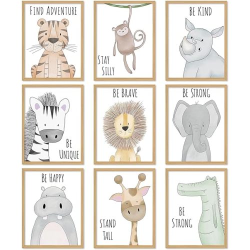 Whaline 9Pcs Baby Safari Nursery Wall Decor Inspirational Quotes Paper Print Lion Elephant Tiger Art Posters Watercolor Animal Painting Picture for Nursery Baby Children's Room, 8 x 10 Inch (Unframed)
