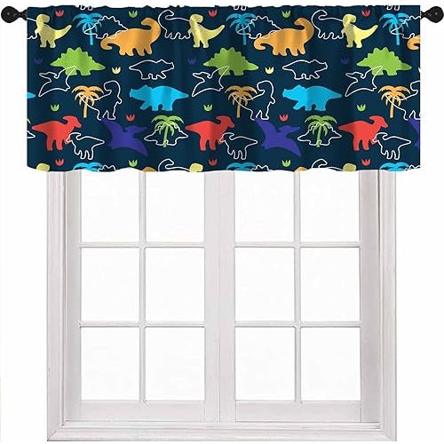 Boys Dinosaur Valance Curtains, Cartoon Dino Blackout Kids Window Treatments for Boys Girls Children Nursery Living Room Bedroom, Colorful Safari Animal Navy Blue, 54x18 Inch