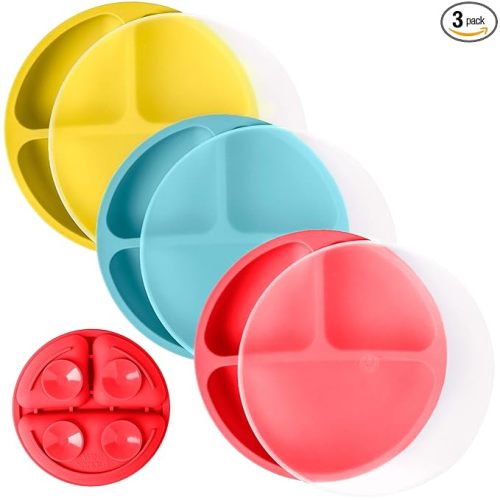 WeeSprout Suction Plates with Lids for Babies & Toddlers - 100% Silicone, Dinnerware Stays Put, Divided Design for Picky Eaters, Microwave & Dishwasher Friendly, 3 Pack