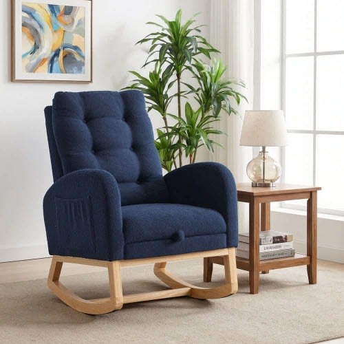 Coolbibila Blue Teddy Nursery Rocking Chair with Footrest Plush High Back Wood Lounge Chair for Living Room
