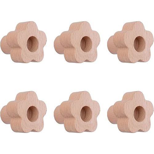 MOROBOR Flower Shaped Wooden Cabinet Knobs, 6pcs Natural Handmade Wood Knob Single Hole Beech Wood Handles for Drawer Wardrobe Cabinet Dresser with Screws& Expansion Tube