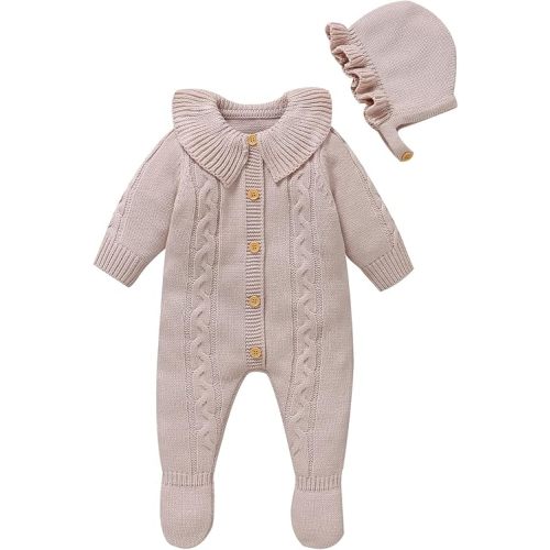 Hadetoto Newborn Baby Sweater Romper Knit Outfits Long Sleeve Jumpsuit with Warm Hat for Infant Boy Girl