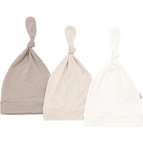 KYTE BABY Rayon Made from Bamboo Baby Beanie Hats - Super Soft Knotted Caps Available in Pattern and Solid Colors - 3 Pack - Clay/Oat/Cloud - Newborn