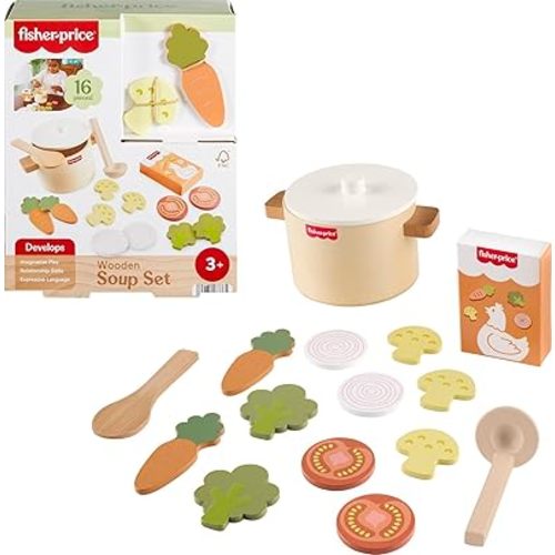 Fisher-Price Wood Kitchen Toy Veggie Soup, Tiny Garden 16-Piece Wooden Pretend Cooking Playset for Preschool Kids Ages 3+ Years (Amazon Exclusive)