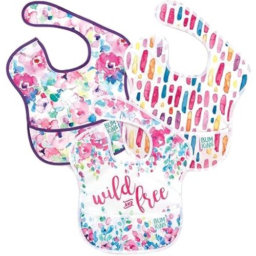 Bumkins Bibs for Girl or Boy, SuperBib Baby and Toddler for 6-24 Months, Essential Must Have for Eating, Feeding, Baby Led Weaning Supplies, Mess Saving Catch Food, Fabric 3-pk Wild and Free