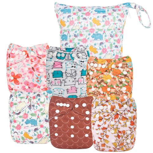 ALVABABY 6pcs Cloth Diaper Covers &1 Wet Dry Bag, Washable Reusable Cloth Diaper Shell for Prefold with Multi-Functional Bag, Flat or Fitted Diaper Inserts 6NKZ05