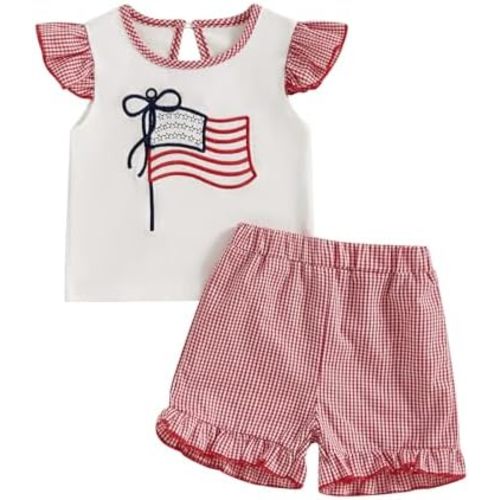 fhutpw Toddler Baby Girls Summer Clothes Smocked Short Sleeve T-Shirt Tops Ruffled Plaid Short Sets Cute Outfits 2Pcs