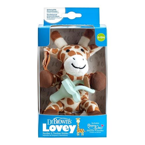 Dr. Brown's Baby Lovey Pacifier & Teether Holder, Giraffe with Green HappyPaci, 100% Silicone, 0-6m
