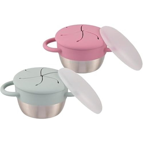 Elk and Friends Stainless Steel Snack Cups – Pack of 2 | Removable Silicone Food Catcher and Travel Lid | Spill-Proof Snack Containers for Baby, Toddler, Kids | Dishwasher Safe, Food Grade Silicone