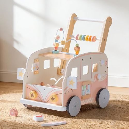 ROBOTIME Wooden Baby Walker, Baby Push Walker, Activity Center Toys, Ajustable Speed Multi-Functional Baby Walker with Wheels for Babies Learning to Walk (Pink)