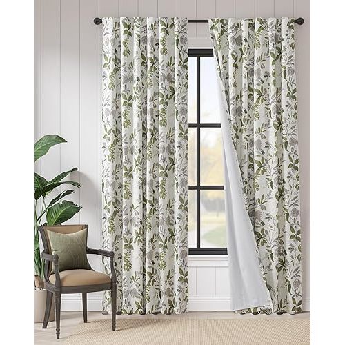100% Blackout Curtains for Bedroom 84 Inches Length Linen Curtains Tropical Green Leaf Print Botanical Window Treatment with Lining for Living Room Farmhouse Country Drapes Set 2 Panels