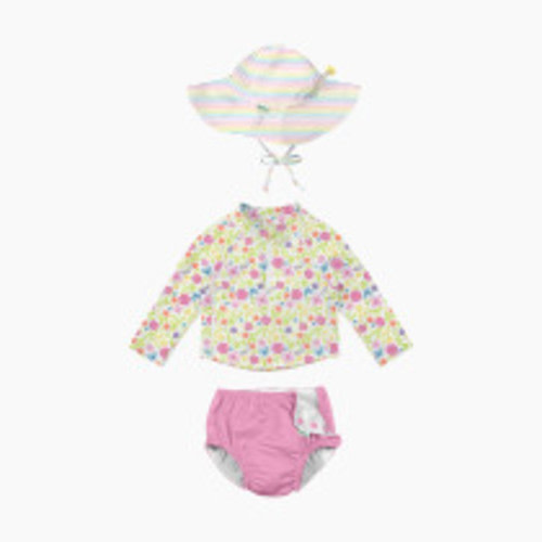 GREEN SPROUTS UPF 50+ Snap Swim Diaper & Rashguard Set with Hat - Light Pink/Multicolor Flower Garden/Rainbow Pinstripe, 0-6 Months