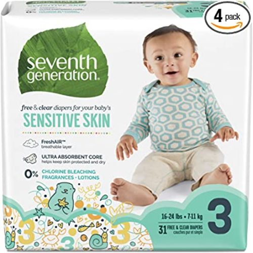 Seventh Generation Free and Clear Sensitive Skin Size 3 Baby Diapers with Animal Prints 124 Count