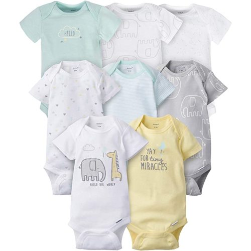 Gerber Unisex-Baby 8-Pack Short Sleeve Onesies Bodysuits - 6-9 Months - Animals Green