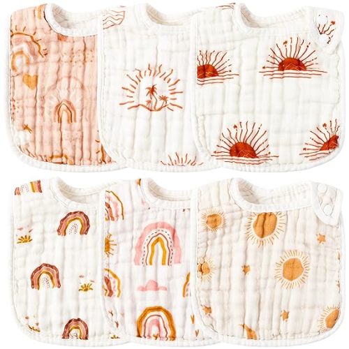 Zainpe 6Pcs Snap Muslin Cotton Bibs for Baby Rainbow Sun Star Bib Adjustable Feeding Bib Machine Washable Unisex Burp Cloths with 6 Absorbent Soft Layers for Infant Newborn Toddler Drooling Teething - Orange & Red