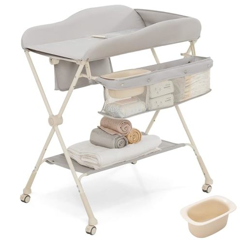 BABY JOY Portable Baby Changing Table, Foldable Diaper Changing Station w/Wheels, Adjustable Height, Large Storage Rack, Water Basin, Safety Belt, Mobile Nursery Organizer for Newborn Infant (Gray)