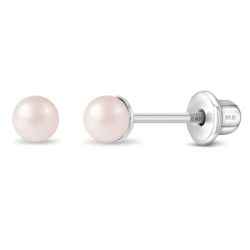 Pink Tone Synthetic Pearls 3-5mm Baby / Toddler / Kids Earrings Screw