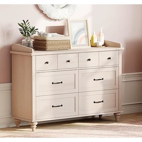 WAMPAT Beige Baby Dresser with 6 Drawers for Kids Room, Kids Dresser Wooden Double Dresser for Bedroom, Chest of Drawers Storage Dresser Organizer for Nursery Furniture