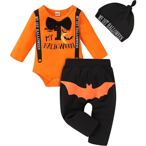 SEVEN YOUNG Thanksgiving /Christmas Outfits Infant Baby Boys Xmas Stripe Rompers+Turkey /Deer Pant Set Bodysuit Fall Clothes - 0-3 Months - My 1st Halloween Bat