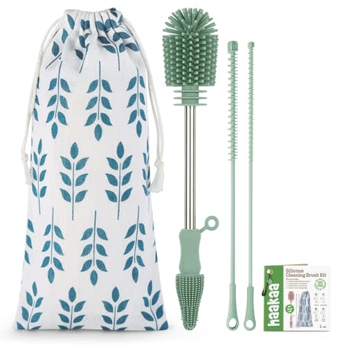 haakaa Silicone Cleaning Brush Kit - Baby Bottle Brush Cleaner for Breast Pump,Nipple,Breast Milk Storage Bag,Reusable Straw,Sippy Cup - Food Grade Silicone Bristles, Portable - 3 Pcs - Pea Green