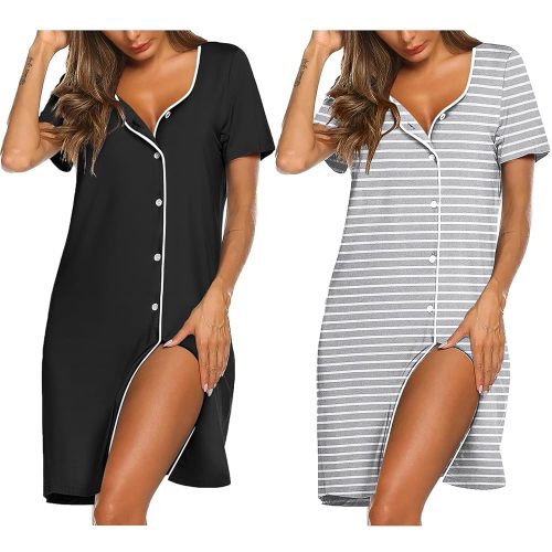 Ekouaer Nightgowns for Women 2 Pack Button Down Sleepshirt Short Sleeve Nightshirt Soft Sleepwear V Neck Pajama Dress