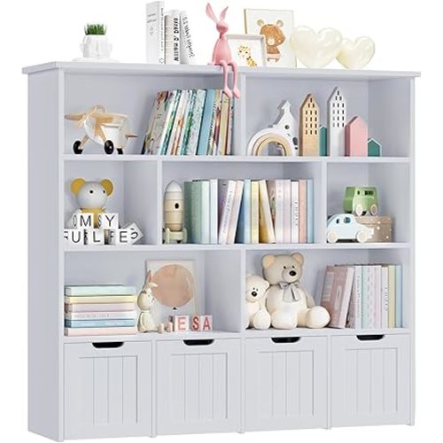 FINETONES Toy Storage Organizer, Large Toy Organizers and Storage with 4 Movable Drawers and 7 Storage Cubbies, Toy Chest Shelf Organizer with Hidden Wheels, Kids Bookshelf and Toy Storage, Grey