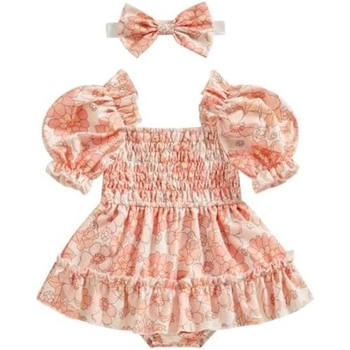 Newborn Infant Baby Girls Romper Dress Fruit/Flower Pattern Short Sleeve Ruched Jumpsuit Onesie Clothes Headband