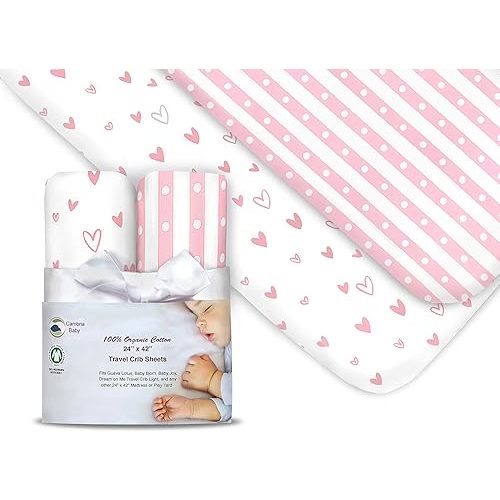 100% Organic Cotton Fitted Travel Crib/Playard Sheets for Guava Lotus, BabyBjorn, Dream on Me, Baby Joy, Chicco, Pamo Babe and All Other 24" x 42" Pads/mattresses. 4 Safety Strap Holes. 2 Pk, Girl.