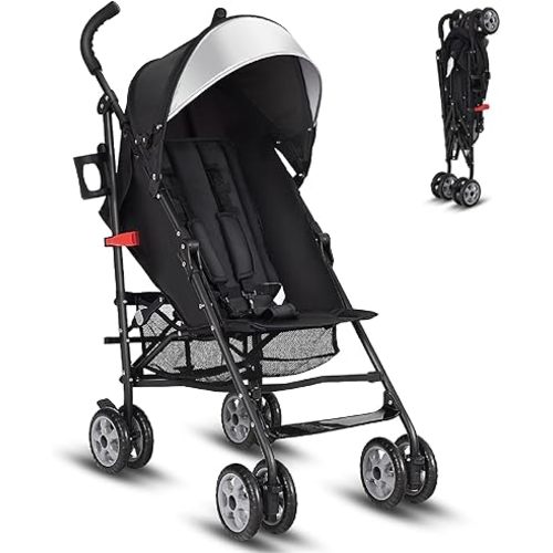 HONEY JOY Baby Lightweight Stroller, Compact Travel Stroller for Airplane, Adjustable Backrest & Canopy, 5-Point Harness, Cup Holder, Storage Basket, Foldable Umbrella Stroller for Toddlers (Black)
