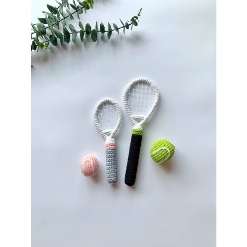 Set of baby toy with crochet tennis ball and racket, tennis ball toy, sport racket baby toy