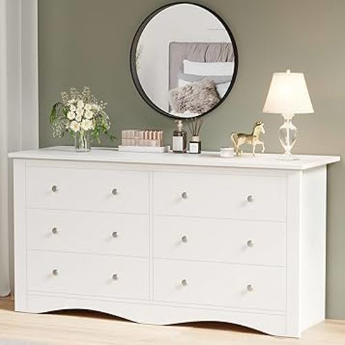 YESHOMY Dresser for Bedroom with 6 Drawers, 58" Wide Modern Chest of Drawers, Wooden Dresser, Storage Organizer for Living Room, Hallway, Pure White