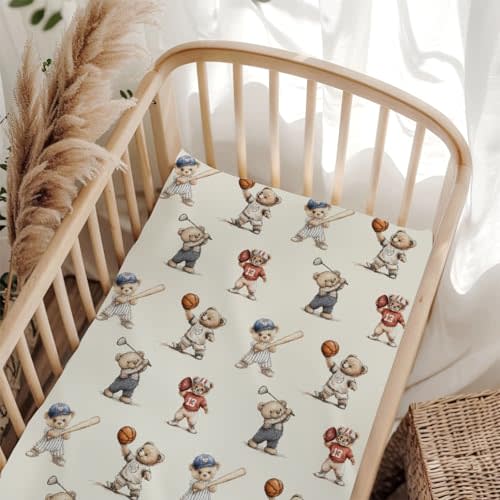 Cute Sport Bears Golf Baseball Basketball Fitted Baby Crib Sheet for Boys Girls 28x52 Inch Sports Lover Gift Baby Sheet for Standard Crib and Toddler Mattress Nursery Bed Sheets White One Size