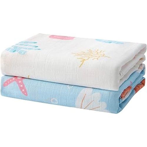 IBESTOPIA 2-Pack Seashell Print Baby Swaddle Blankets, Soft & Breathable Muslin Swaddle for Newborns, 47 x 47 Inches, Unisex