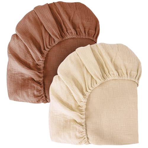Herdace Crib Sheets 2 Pack, Muslin Crib Sheets for Standard Crib Mattress(28"x 52"), 100% Cotton Fitted and Soft Breathable Crib Mattress Sheet for Girls and Boys(Apricot/Brown)