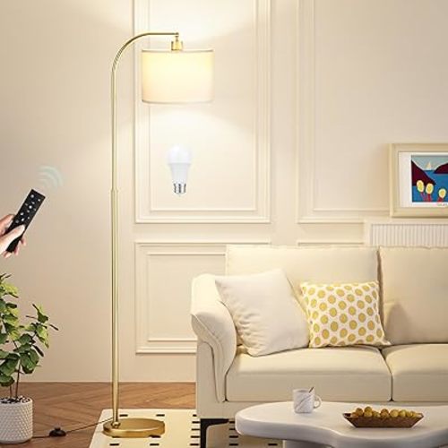 Arc Floor Lamp with Remote and Stepless Dimmable Bulb, Colors Temperature & Brightness Adjustable, Gold Floor Lamps for Living Room（White Shade & Gold Pole）