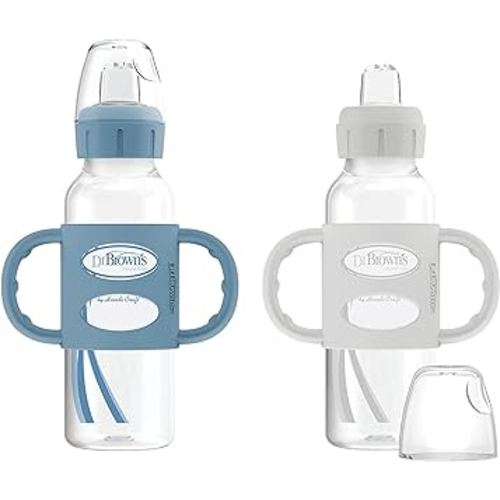 Dr. Brown's Milestones Narrow Sippy Spout Bottle with 100% Silicone Handles, Easy-Grip Handles with Soft Sippy Spout, 8oz/250mL, Light-Blue & Gray, 2-Pack, 6m+