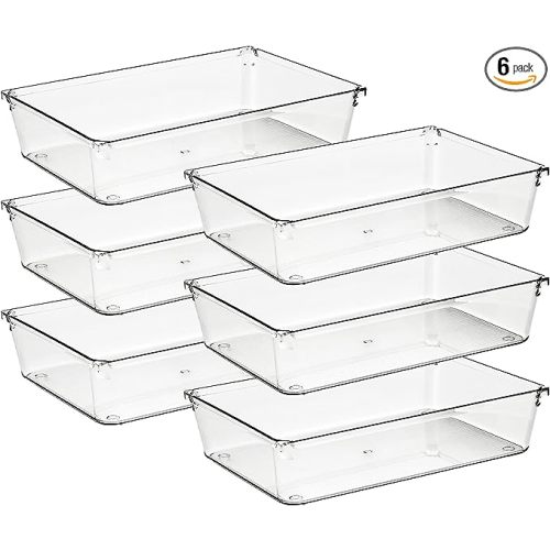 Ravinte 6 Pack Drawer Organizer - 6" X 9" Plastic Storage Bins, Acrylic Organizers with Non-Slip Pads Clear Desk Storage Tray for Makeup, Jewelries, Kitchen Utensils, Bathroom and Office - 6" x 9"