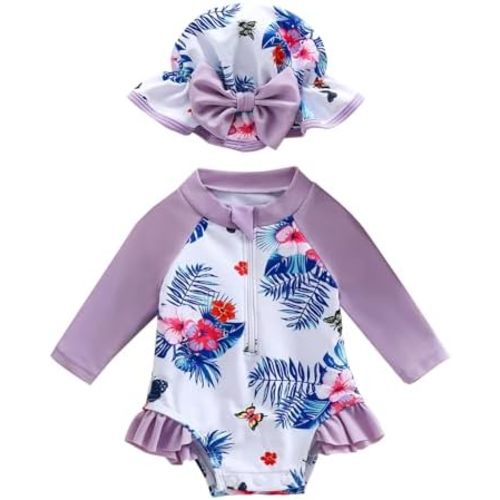 Baby Girls Swimsuit Long Sleeve Zipper Bathing Suit One Piece Swimwear with Hat