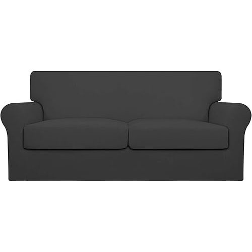 Easy-Going Oversized 3 Pieces Stretch Fleece Soft Loveseat Sofa Couch Cover for Pets - Washable Sofa Slipcover for 2 Separate Cushion Couch - Elastic Furniture Protector for Dogs, Kids, Dark Gray