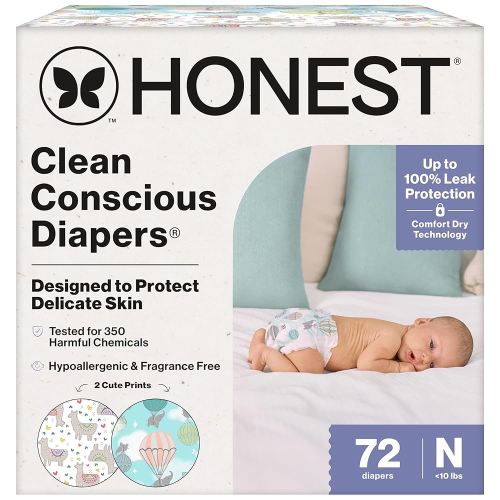 The Honest Company Clean Conscious Diapers for Sensitive Skin | Up to 100% Leakproof | Hypoallergenic, Fragrance Free | Gender Neutral | Club Box, Size Newborn, 72 Count (Prints May Vary)