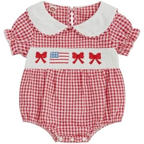 Baby Girl 4th Of July Outfit Newborn Smocked Bubble Romper Peter Pan Collar Bodysuit My First Fourth Of July Clothes
