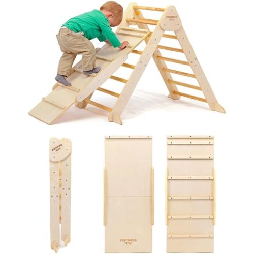 Pikler Triangle - 3 in 1 Montessori Climbing Set with Slide and Wooden Climber Wall - Foldable Kids Indoor Play Equipment Gym for Boys & Girls (Pikler Triangle with Slide)