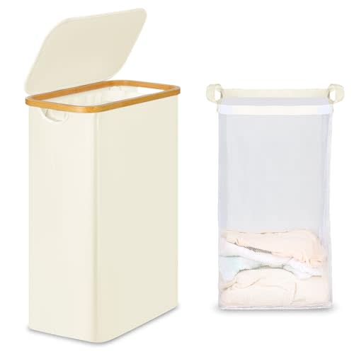 efluky Slim Laundry Basket with Lid, Narrow Laundry Hamper with Removable Bag, Skinny Dirty Clothes Basket with Bamboo Handles for Bathroom, Bedroom & Laundry Room, 65L Beige