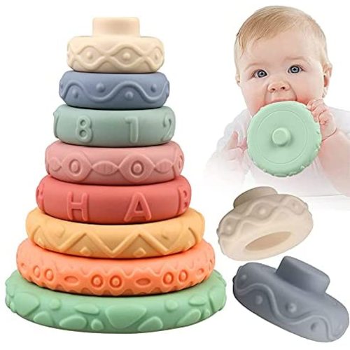 8 Pcs Stacking Rings Soft Toys for Babies 6 12 18 Months 1 Year Old Girls Boys - Toddlers Sensory Educational Montessori Baby Blocks - Infant Newborn Developmental Teething Learning Stacker