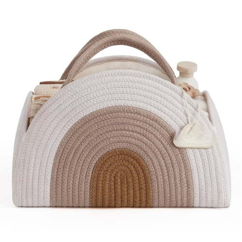 Baby Diaper Caddy Organizer, Cotton Rope Diaper Caddy Basket, Large Storage Basket for Newborn Boys and Girls, Gift for Baby Shower List, Newborn Essentials, Earthy Rainbow